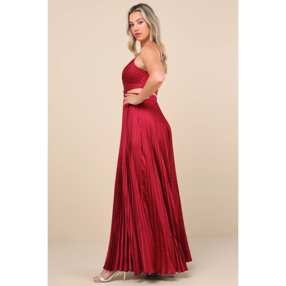 Lulu's Wine-Red Pleated Cutout Maxi Dress - Picture 3 of 10